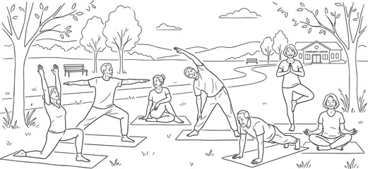 Fototapeta premium Active senior group practicing yoga and stretching exercises in outdoor park for healthy lifestyle wellness and community fitness line art vector.