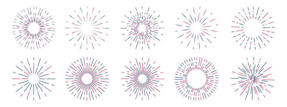 Red and blue radial firecracker icon with geometric sunburst pattern. Minimal line art illustration featuring spreading beams and vintage starburst effect for celebration designs.