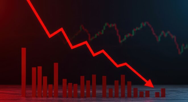 A dramatic downward trend illustrated by red arrows and failing charts indicating a significant fiscal decline during the early spring period, red, time, finance