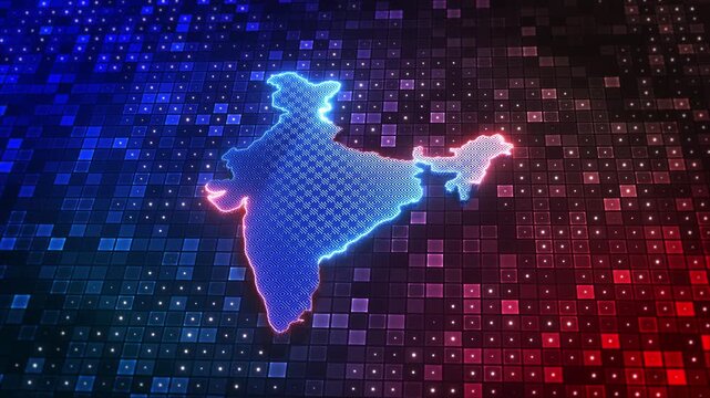 Neon Digital India map glowing over digital pixel grid 3D background. Futuristic glowing India map lights over abstract digital grid. technology presentations, global business videos, innovation