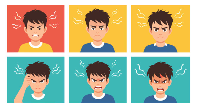 Set of six panels showing a young man with different intense expressions of anger, frustration, and fury on his face.
