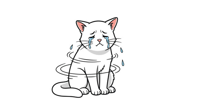 Sad and lonely white cat sitting and crying with many tears and swirling lines around it to represent deep sorrow.
