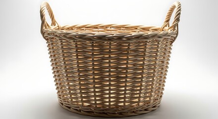 Obraz premium Woven wicker basket with two handles on a white background