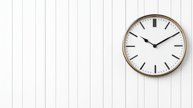 A gold clock with black hands and numbers on a white wall.