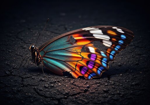 Fragile butterfly wing lies broken and scorched on dark earth, detailed texture emphasizing destruction and irreparable damage, fragile, charred, heat