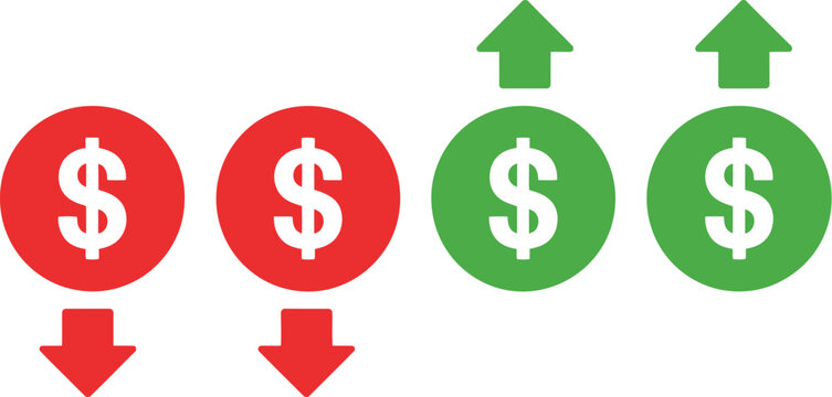 Currency trend arrow icon set, dollar symbol icons with rising and falling market indicators representing financial growth investment strategies and economic data visualization.