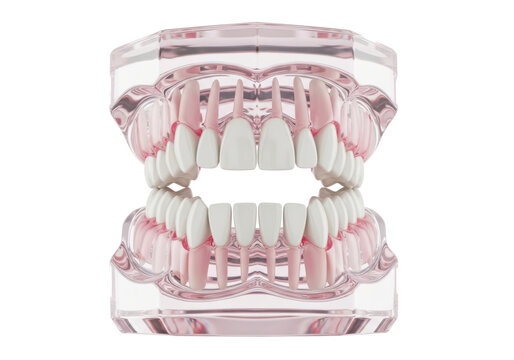 Detailed 3D pink and white dental model of upper and lower teeth set isolated on transparent background