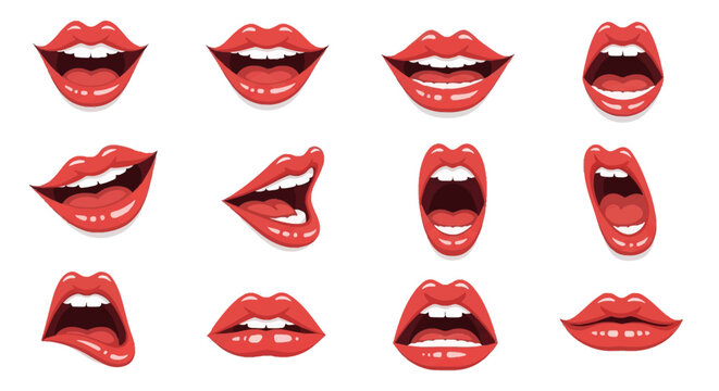 Collection of red female lips and mouth vector illustrations with various expressions including smiling, laughing, screaming, shouting, and biting isolated on white background.