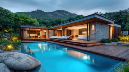 Fototapeta premium Modern luxury villa with infinity pool nestled in lush green mountains at twilight