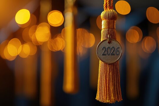 A golden graduation tassel with the year 2026 hangs prominently against a backdrop of warm, blurred lights.