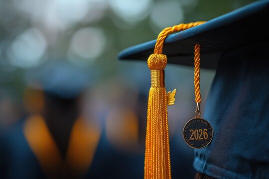 Graduation cap with a gold tassel and a "2026" charm symbolizes the achievement and anticipation of the graduating class of 2026.