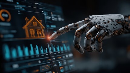 Fototapeta premium A robotic hand interacts with a digital interface displaying a holographic house and data charts, symbolizing AI in real estate technology.