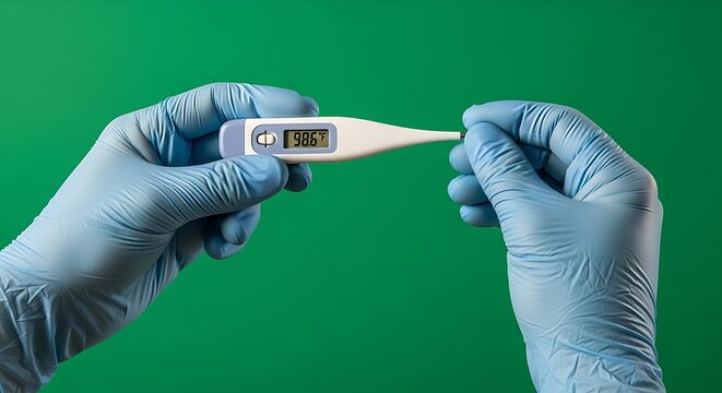 Close up of gloved hands holding digital thermometer for fever measurement