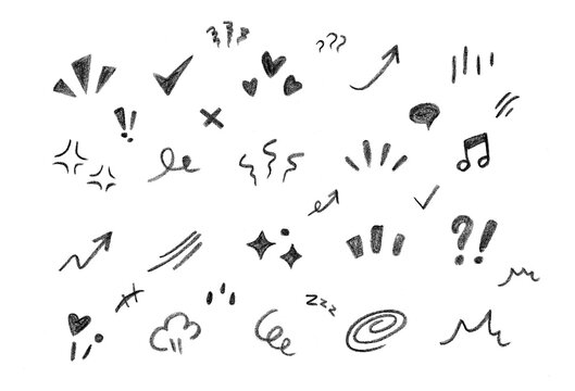 hand drawn movement effect icon pencil brush chalk stroke. Cute comic manga emoji emotion stars sparkle heart expression