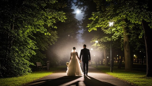 A romantic couple walks hand in hand through a moonlit park at night