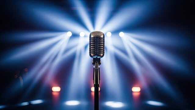 A vintage microphone stands alone on a dark stage with bright spotlights shining down