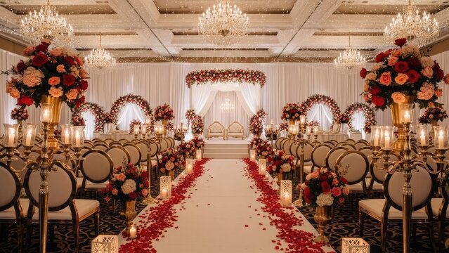 A luxurious wedding aisle with red rose petals and elegant decorations