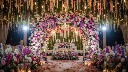 Obraz premium A beautifully decorated wedding archway with flowers and lights at night