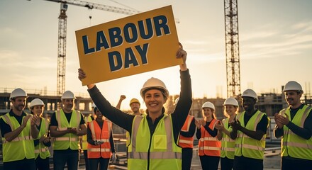 Fototapeta premium Construction workers celebrating labour day with a yellow sign on a building site