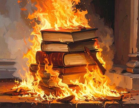 A burning stack of books in a room