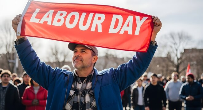 Man holding labour day banner at outdoor event with crowd