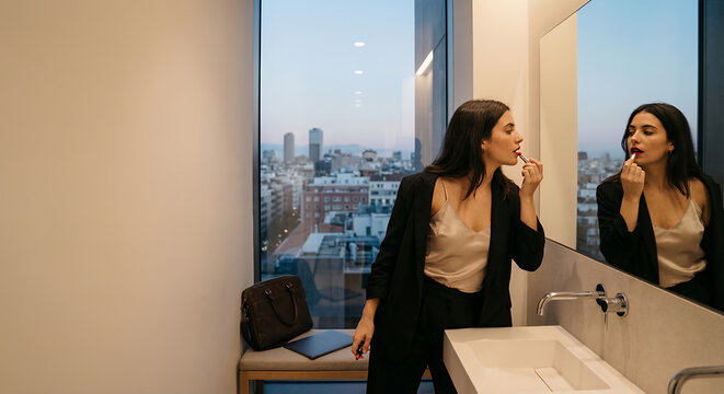 A woman in a black blazer and beige camisole applies red lipstick while looking in a mirror in a modern bathroom with a city view.