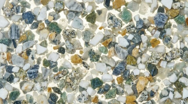 Close-up texture of aggregate with various colored stones and pebbles, showing detailed granular surface