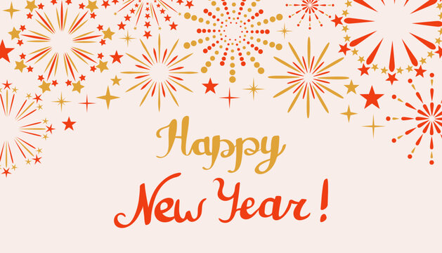 Red and gold firework bursts frame the top of an off-white background with Happy New Year! calligraphy. This festive poster is perfect for holiday greeting cards, seasonal party invitations.
