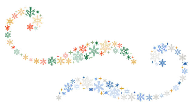 Colorful snowflake swirls create a festive winter wind pattern across a clean white background. This abstract vector design features orange, green, and blue snow crystals in a dynamic, swirling flow.