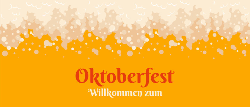 Oktoberfest banner with a seamless beer foam border and text. This flat design features frothy bubbles on a golden lager background for brewery menus, pub posters, and German festival invitations.
