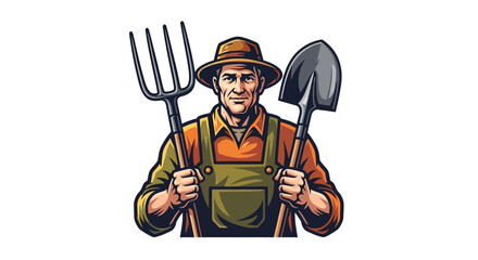 A farmworker character design, presented as a vibrant vector illustration, stands tall holding a pitchfork and shovel against a clean white background, embodying the spirit of agriculture © RizqiArdi