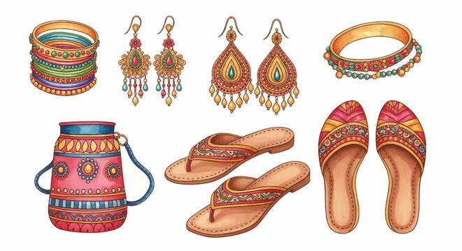 Traditional Indian fashion accessories watercolor illustration set featuring stacked colorful bangles, gold ornate earrings, decorative potli bag, embroidered sandals, and mojari flats.