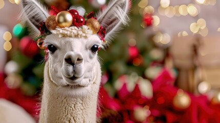 Fototapeta premium Adorable festive llama with holiday decorations against a vibrant Christmas background adorned with lights and ornaments