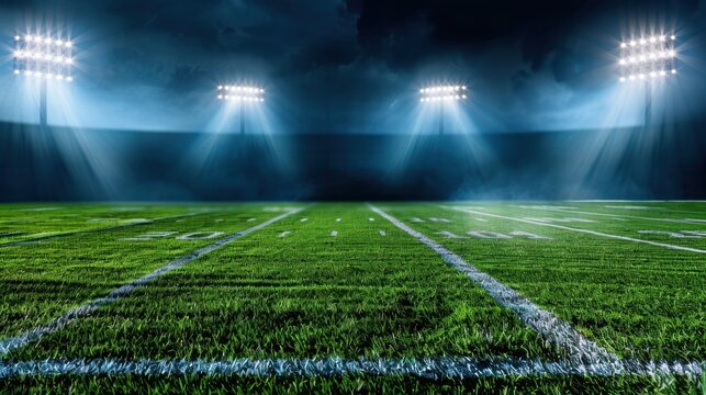 Nighttime Sports Field with Bright Floodlights and Green Grass under Dramatic Sky
