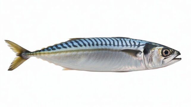 A single fresh mackerel fish with blue stripes on a white background seafood whole fish