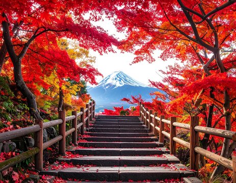 Scenic stone stairway leading up to majestic snow-capped mountain, framed by vibrant autumn maple trees