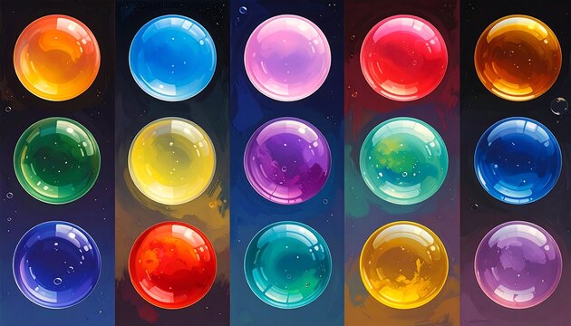 A collection of 15 shiny transparent bubbles in various colors on dark backgrounds