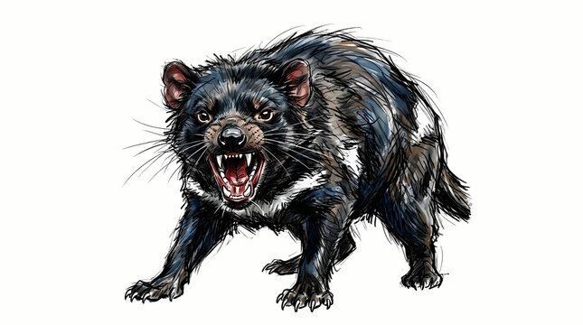 Close-up illustration of a snarling Tasmanian devil with sharp teeth and fur, showcasing its aggressive nature and wild habitat
