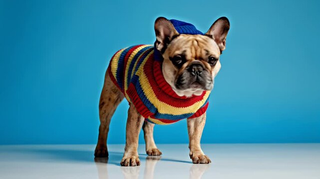 A charming French Bulldog proudly poses in a colorful striped sweater and matching hat against a vibrant blue backdrop.