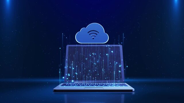 Glowing laptop connected to cloud network streaming data particles in futuristic environment. cloud computing, online storage, cybersecurity wireless for technology presentations, IT ads, innovation