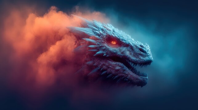 Majestic dragon head emerges from swirling orange and blue smoke with glowing eyes