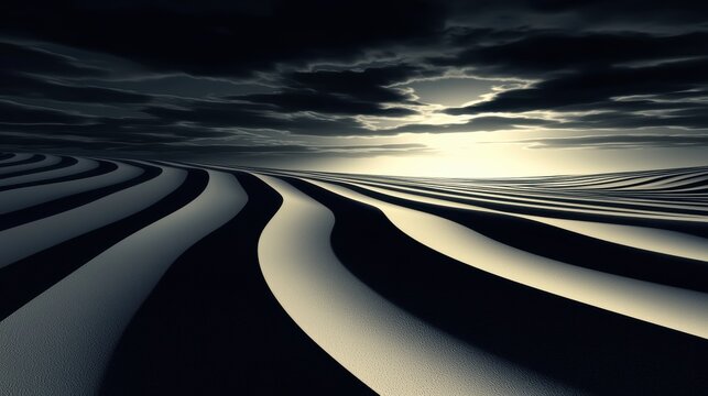 A dramatic landscape with a sun setting behind a cloud-filled sky.