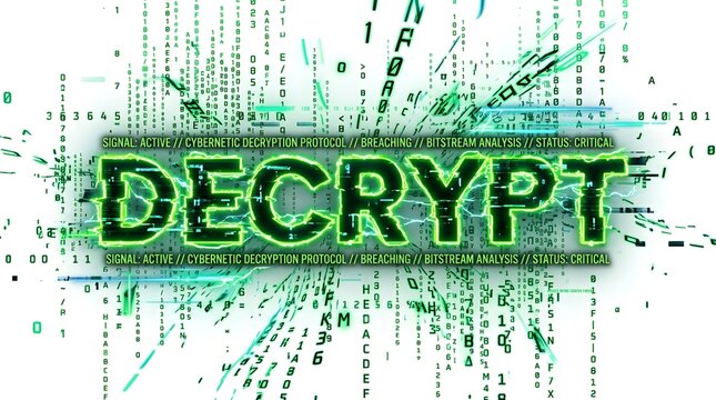 Decoding Decrypt: Illuminated 'DECRYPT' word, surrounded by binary data streams, symbolizing the core of data decryption and security. A dynamic visual interpretation of digital cryptography.