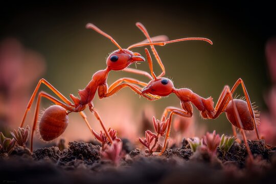 Macro photography of red fire ants (Solenopsis)