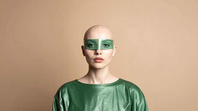 Portrait person shaved head. Cyber fashion visor eyewear green plastic material. Synthetic top green color texture. Studio background beige wall. Techwear style concept illustration photography avatar