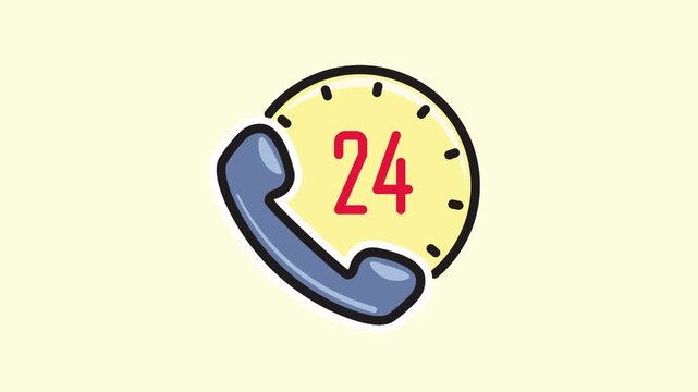4K footage animation of 24 7 Emergency call services icon symbol. Icon in flat colorful style and line styles for service centers and emergency hotlines. 24 hours days in week support