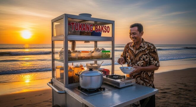 Smiling Indonesian street food vendor preparing and selling traditional Bakso from a mobile cart on a beautiful beach at sunset.