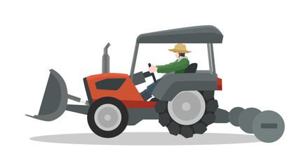 Fototapeta premium Object or textured of tractor car with driving man. Install a soil shovel along with a three stage plow for preparing agricultural land. with shadow on white backgrond.