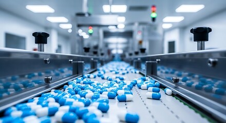 Fototapeta premium Pharmaceutical pills on a production line in a factory