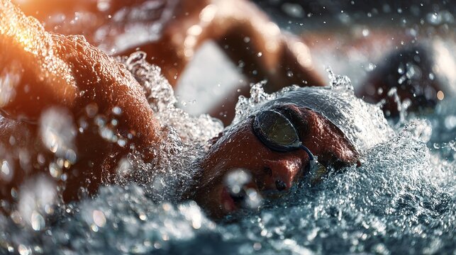 Competitors swimming out into open water at the beginning of triathlon